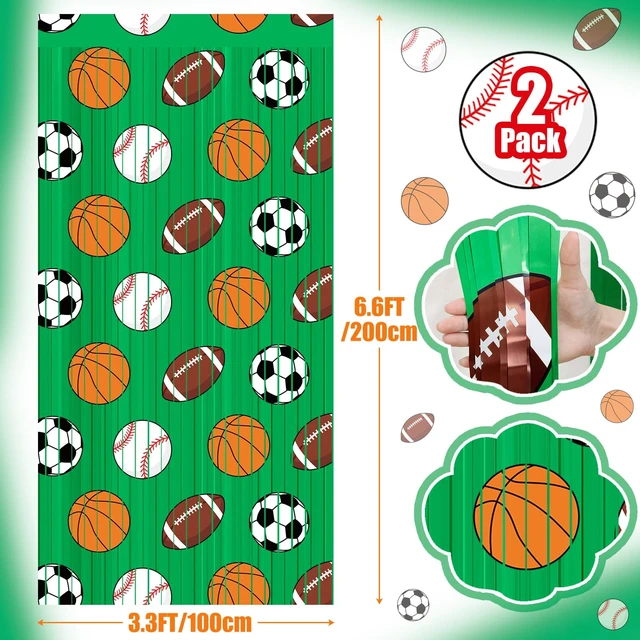 Alt view image 2 of 6 - 2 Pack Green Sport Party Decoration, Foil Fringe Curtain 3.3x6.6 ft Themed Sports Backdrop, Basketball Football Soccer Baseball Patterns, Metallic Tinsel for Athlete Birthday, Photo Booth Props