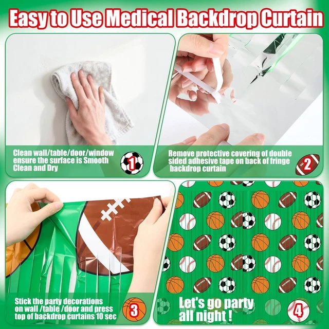 Alt view image 3 of 6 - 2 Pack Green Sport Party Decoration, Foil Fringe Curtain 3.3x6.6 ft Themed Sports Backdrop, Basketball Football Soccer Baseball Patterns, Metallic Tinsel for Athlete Birthday, Photo Booth Props