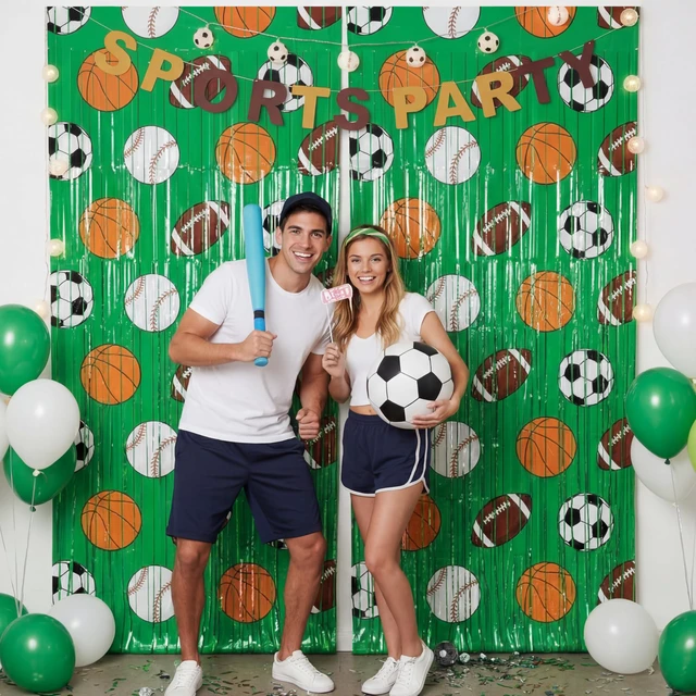 Alt view image 4 of 6 - 2 Pack Green Sport Party Decoration, Foil Fringe Curtain 3.3x6.6 ft Themed Sports Backdrop, Basketball Football Soccer Baseball Patterns, Metallic Tinsel for Athlete Birthday, Photo Booth Props