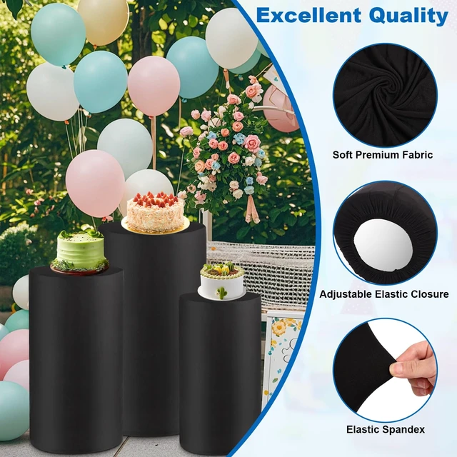 Alt view image 3 of 7 - Cylinder Pedestal Covers, Set of 3 (S+M+L), Black, Only Cloth Spandex Display Cylinder Covers, Plinth Pillar Cover for Birthday Party Wedding Baby Shower Dessert Tables Decor