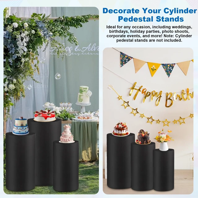 Alt view image 5 of 7 - Cylinder Pedestal Covers, Set of 3 (S+M+L), Black, Only Cloth Spandex Display Cylinder Covers, Plinth Pillar Cover for Birthday Party Wedding Baby Shower Dessert Tables Decor
