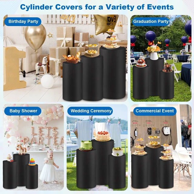 Alt view image 7 of 7 - Cylinder Pedestal Covers, Set of 3 (S+M+L), Black, Only Cloth Spandex Display Cylinder Covers, Plinth Pillar Cover for Birthday Party Wedding Baby Shower Dessert Tables Decor