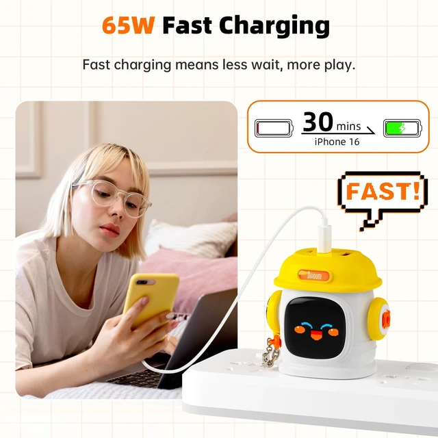 Alt view image 2 of 7 - Dipow 65W USB-C GaN Charger with Pixel Display, Foldable, Yellow Compact Power Adapter for iPhone, Galaxy, Pixel, MacBook Air & iPad