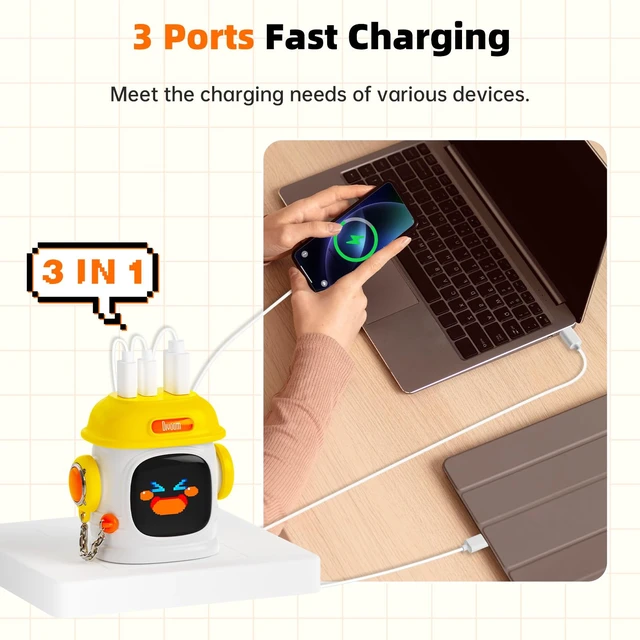 Alt view image 3 of 7 - Dipow 65W USB-C GaN Charger with Pixel Display, Foldable, Yellow Compact Power Adapter for iPhone, Galaxy, Pixel, MacBook Air & iPad
