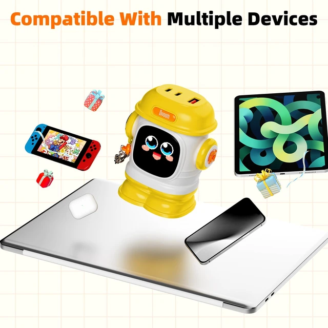 Alt view image 5 of 7 - Dipow 65W USB-C GaN Charger with Pixel Display, Foldable, Yellow Compact Power Adapter for iPhone, Galaxy, Pixel, MacBook Air & iPad