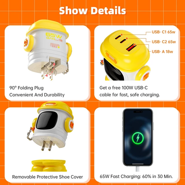 Alt view image 6 of 7 - Dipow 65W USB-C GaN Charger with Pixel Display, Foldable, Yellow Compact Power Adapter for iPhone, Galaxy, Pixel, MacBook Air & iPad