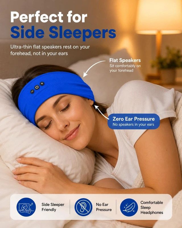 Alt view image 2 of 7 - Sleeping Headphones Bluetooth Headband 2-Pack USB-C Fast Charging, 14+ Hrs Battery, Ultra-Thin Speakers for Side Sleepers, Workout & Travel (Black & Blue)
