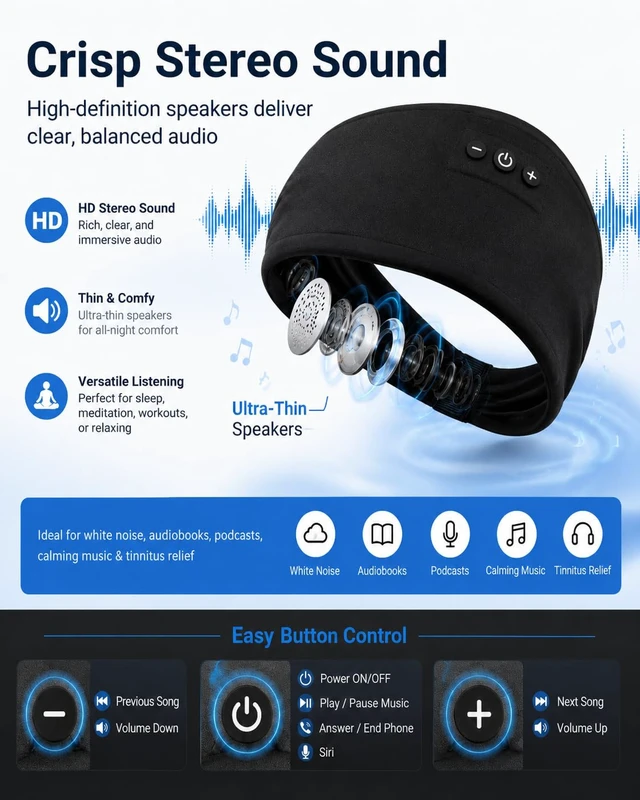 Alt view image 4 of 7 - Sleeping Headphones Bluetooth Headband 2-Pack USB-C Fast Charging, 14+ Hrs Battery, Ultra-Thin Speakers for Side Sleepers, Workout & Travel (Black & Blue)