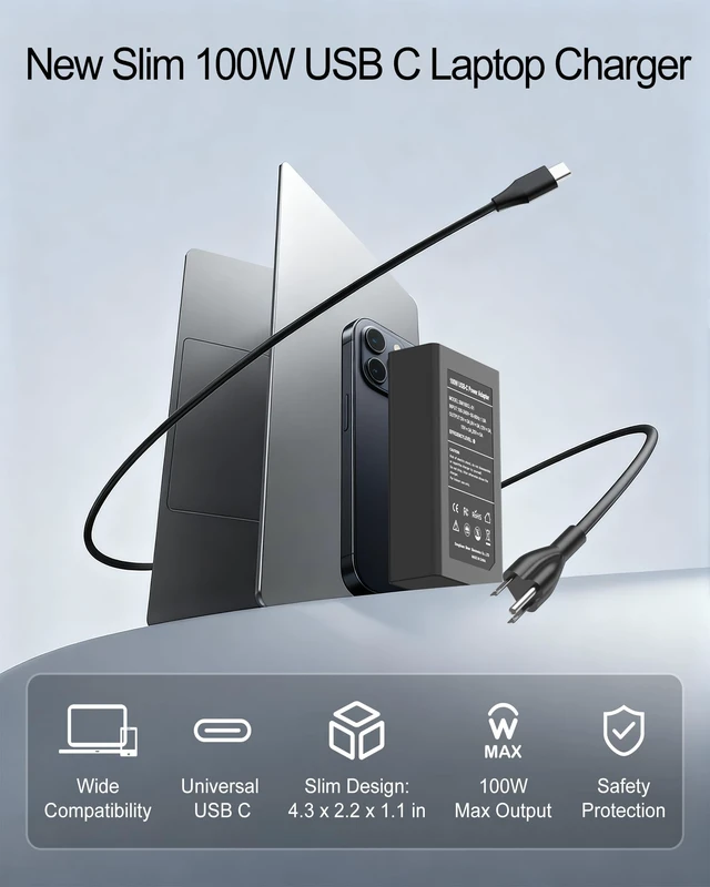 Alt view image 2 of 7 - 100W USB C Charger Compatible with Lenovo Legion Go S, Yoga Pro/Slim 7 9, IdeaPad Pro/Slim 5 7 9, ThinkBook 14 16 14p, ThinkPad P16s T16 T15 E16 E14 L15, Type C Laptop Power Adapter