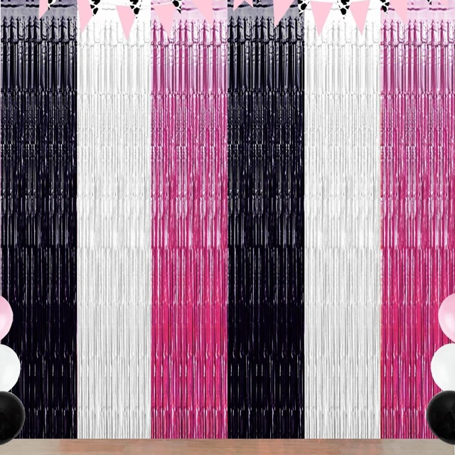 Main image of Pink Halloween Party Decorations Backdrops Streamer, 3 Pack Pink Black White Foil Fringe Tinsel Curtains, Cow Print Photo Booth Props Halloween Birthday Party Decorations