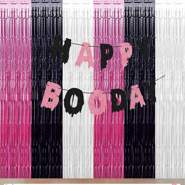 Alt view image 2 of 5 - Pink Halloween Party Decorations Backdrops Streamer, 3 Pack Pink Black White Foil Fringe Tinsel Curtains, Cow Print Photo Booth Props Halloween Birthday Party Decorations