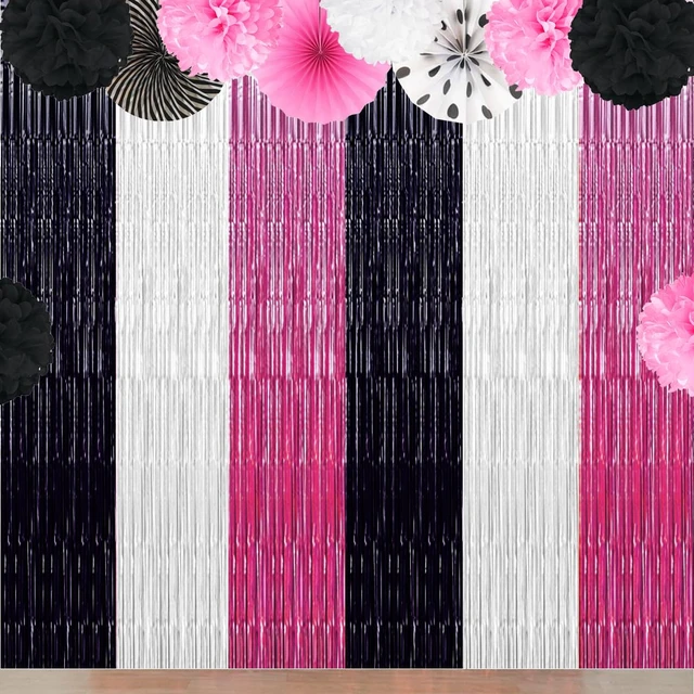 Alt view image 4 of 5 - Pink Halloween Party Decorations Backdrops Streamer, 3 Pack Pink Black White Foil Fringe Tinsel Curtains, Cow Print Photo Booth Props Halloween Birthday Party Decorations