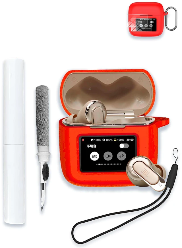 Main image of Case for JBL Tour Pro 3 - True Wireless Noise Cancelling Earbuds, Soft Silicone Protective Portable Scratch Shock Resistant with 2pack Screen Protector &Cleaner Kit & Carabiner & LanyardRed