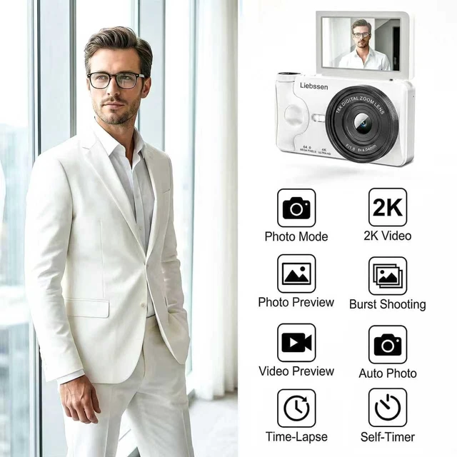 Alt view image 5 of 7 - 4K Digital Camera 64MP Autofocus 3.0'' 180° Flip Screen Portable for Photo & Vlog Featuring Time Lapse & Slow Motion&20 Filters 32GB 2000mAh for Social Media CreatorBeginner&Childen (White, Camera)