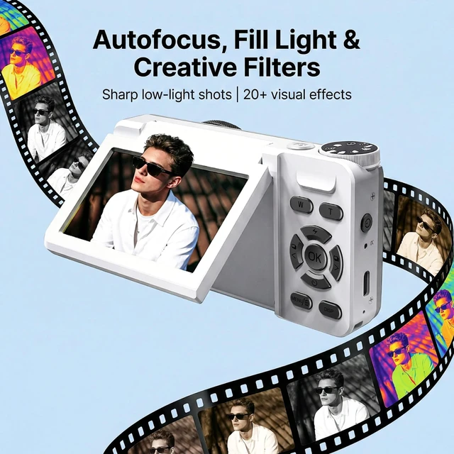 Alt view image 6 of 7 - 4K Digital Camera 64MP Autofocus 3.0'' 180° Flip Screen Portable for Photo & Vlog Featuring Time Lapse & Slow Motion&20 Filters 32GB 2000mAh for Social Media CreatorBeginner&Childen (White, Camera)