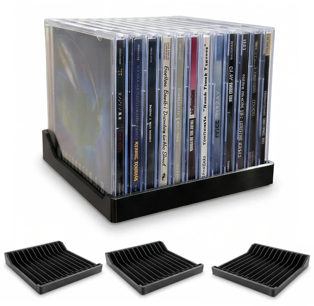 Main image of 4 Pack CD Holder, Matte Black Vinyl-Style CD Storage Organizer for 24 Discs, Media Rack with No-Tip Ends, CD Display Stand for Shelf, Desk, Tower, Home Office or Media Room (4 PACK)