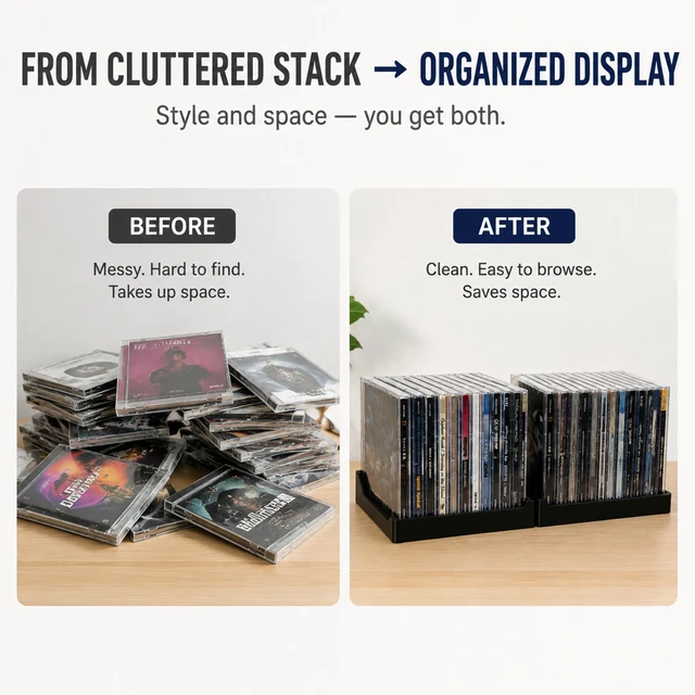 Alt view image 2 of 7 - 4 Pack CD Holder, Matte Black Vinyl-Style CD Storage Organizer for 24 Discs, Media Rack with No-Tip Ends, CD Display Stand for Shelf, Desk, Tower, Home Office or Media Room (4 PACK)