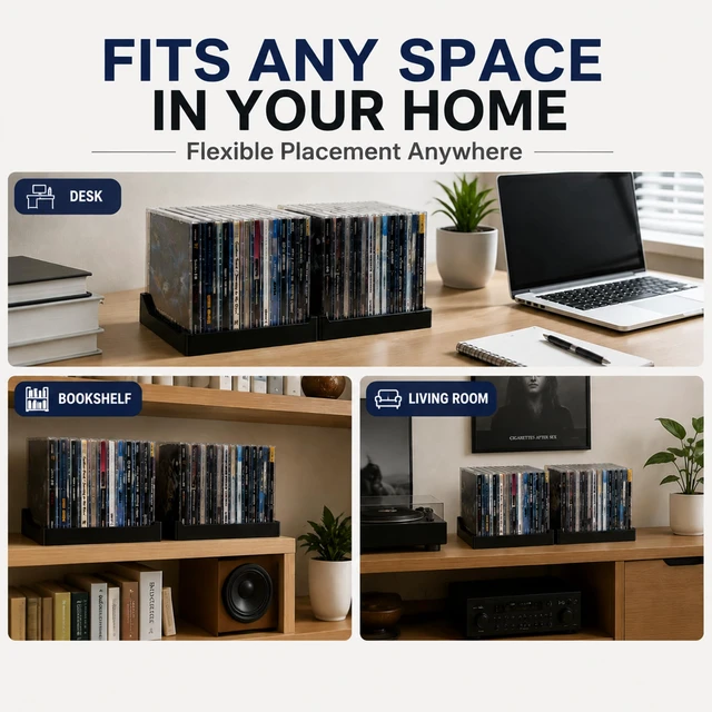 Alt view image 3 of 7 - 4 Pack CD Holder, Matte Black Vinyl-Style CD Storage Organizer for 24 Discs, Media Rack with No-Tip Ends, CD Display Stand for Shelf, Desk, Tower, Home Office or Media Room (4 PACK)