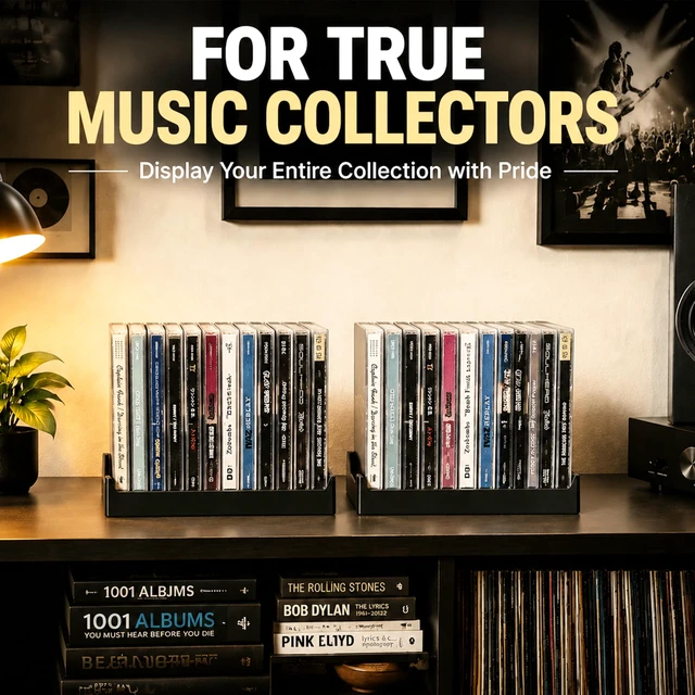 Alt view image 7 of 7 - 4 Pack CD Holder, Matte Black Vinyl-Style CD Storage Organizer for 24 Discs, Media Rack with No-Tip Ends, CD Display Stand for Shelf, Desk, Tower, Home Office or Media Room (4 PACK)