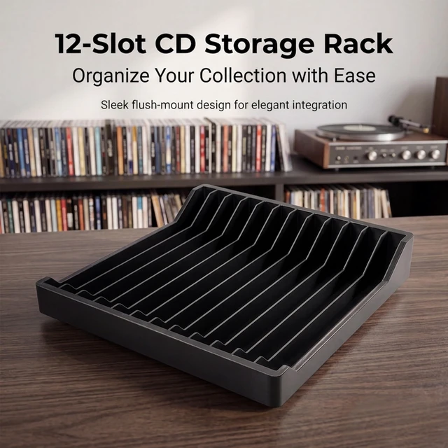 Alt view image 5 of 7 - 4 Pack CD Holder, Matte Black Vinyl-Style CD Storage Organizer for 24 Discs, Media Rack with No-Tip Ends, CD Display Stand for Shelf, Desk, Tower, Home Office or Media Room (4 PACK)