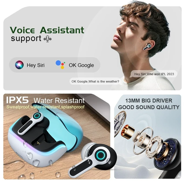 Alt view image 7 of 7 - G07 Wireless Earbuds with RGB LED Light, Gaming Earbuds with 40ms Low Latency, Dual Game and Music Mode Earphones, Wireless Headphones with 50 Hours Worktime, IPX5 Waterproof Quad Mic ENC
