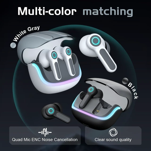 Alt view image 4 of 7 - G07 Wireless Earbuds with RGB LED Light Gaming Earbuds with 40ms Low Latency Dual Game and Music Mode Earphones Wireless Headphones with 50 Hours Worktime IPX5 Waterproof (White Gray)