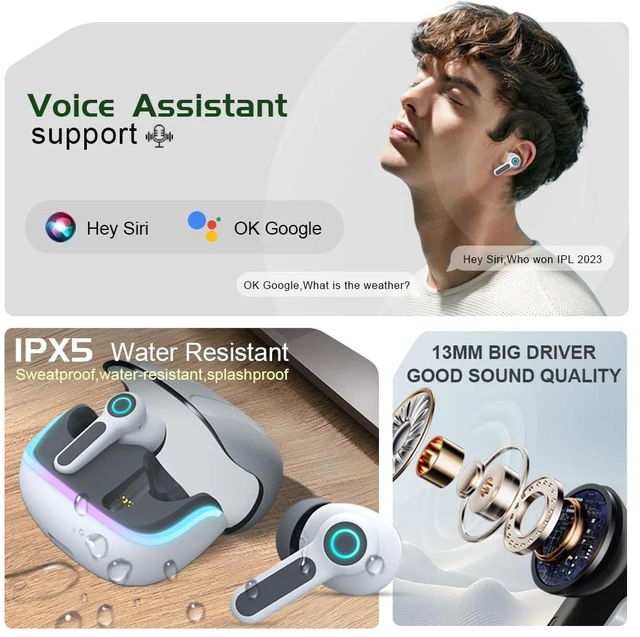 Alt view image 7 of 7 - G07 Wireless Earbuds with RGB LED Light Gaming Earbuds with 40ms Low Latency Dual Game and Music Mode Earphones Wireless Headphones with 50 Hours Worktime IPX5 Waterproof (White Gray)