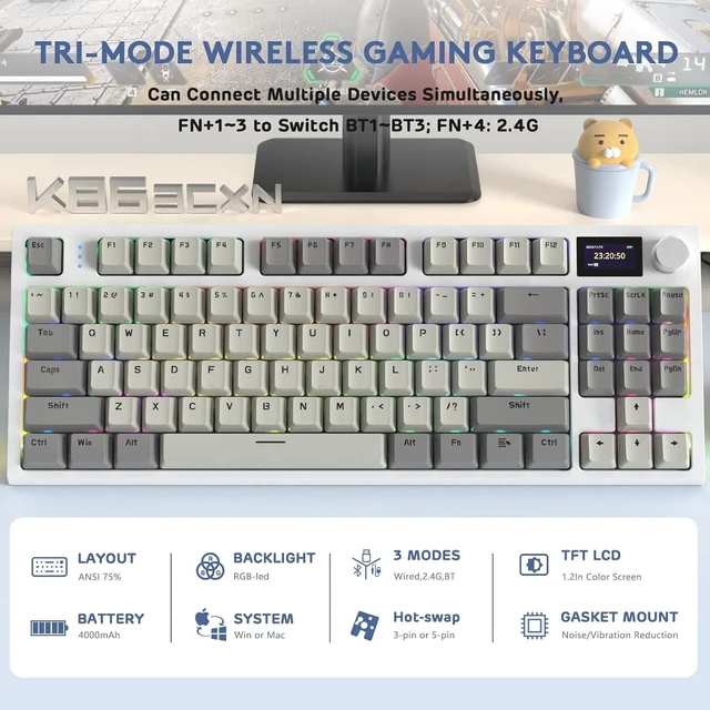 Alt view image 2 of 7 - RK86 RGB 75% Wireless Gasket Mechanical Keyboard,Triple Mode Bluetooth5.0/2.4G/USB-C 82 Keys Hot Swappable Gaming Keyboard 4000 mAH Battery w/Knob & 1.2'' HD OLED Display,Linear Switches