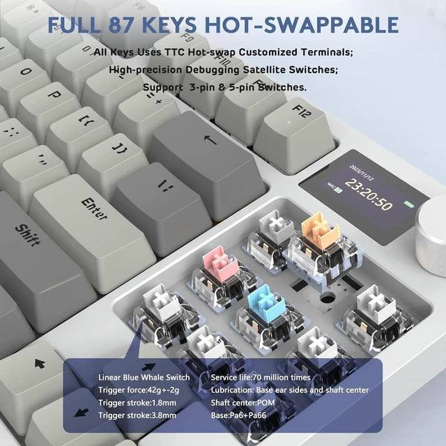 Alt view image 5 of 7 - RK86 RGB 75% Wireless Gasket Mechanical Keyboard,Triple Mode Bluetooth5.0/2.4G/USB-C 82 Keys Hot Swappable Gaming Keyboard 4000 mAH Battery w/Knob & 1.2'' HD OLED Display,Linear Switches
