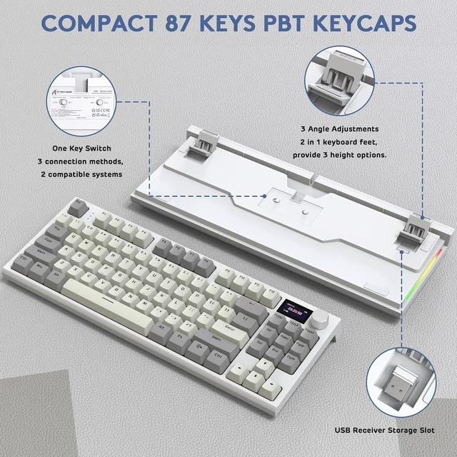 Alt view image 7 of 7 - RK86 RGB 75% Wireless Gasket Mechanical Keyboard,Triple Mode Bluetooth5.0/2.4G/USB-C 82 Keys Hot Swappable Gaming Keyboard 4000 mAH Battery w/Knob & 1.2'' HD OLED Display,Linear Switches