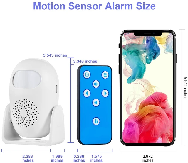 Alt view image 7 of 7 - Motion Sensor Alarm with 17 Chimes 3 Alarm Modes 4 Volume Levels Wireless Motion Detector Alarm with Remote 110dB Home Security Alarm (2 Motion Detector, 2 Remote Control)