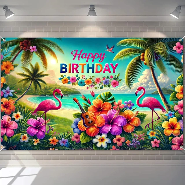 Main image of Hawaiian Theme Banner 84x60 Inch Luau Party Hawaiian Birthday Backdrop Tropical Theme Decoration Beach Theme Background Decoration with Flamingos Flowers