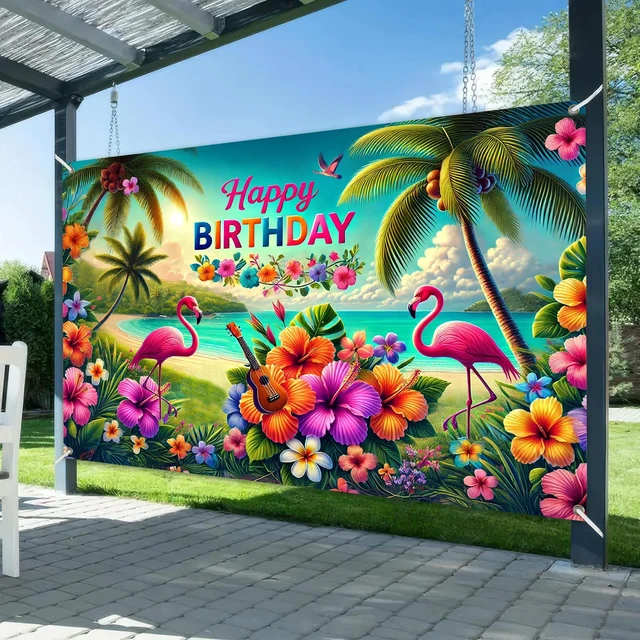 Alt view image 2 of 6 - Hawaiian Theme Banner 84x60 Inch Luau Party Hawaiian Birthday Backdrop Tropical Theme Decoration Beach Theme Background Decoration with Flamingos Flowers