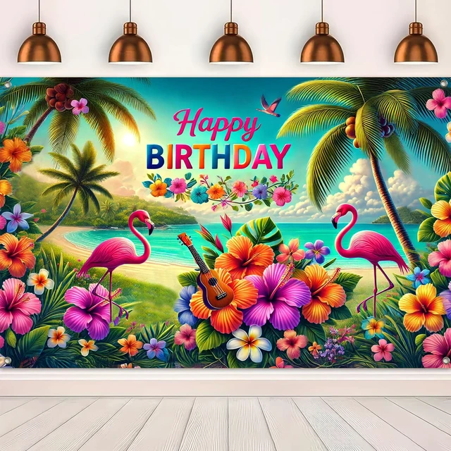 Alt view image 5 of 6 - Hawaiian Theme Banner 84x60 Inch Luau Party Hawaiian Birthday Backdrop Tropical Theme Decoration Beach Theme Background Decoration with Flamingos Flowers