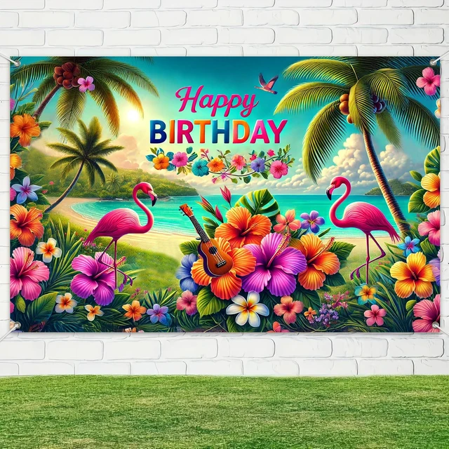 Alt view image 4 of 6 - Hawaiian Theme Banner 84x60 Inch Luau Party Hawaiian Birthday Backdrop Tropical Theme Decoration Beach Theme Background Decoration with Flamingos Flowers