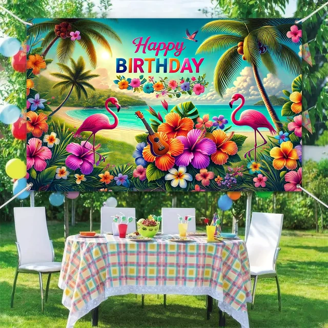 Alt view image 6 of 6 - Hawaiian Theme Banner 84x60 Inch Luau Party Hawaiian Birthday Backdrop Tropical Theme Decoration Beach Theme Background Decoration with Flamingos Flowers