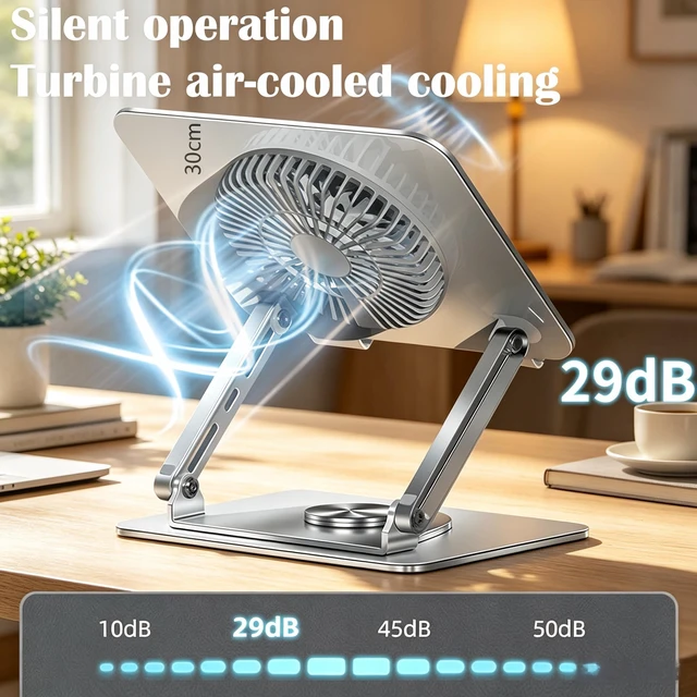 Alt view image 2 of 7 - 360° Rotating Adjustable Laptop Stand with Cooling Fan, Foldable Dual-Bar Support Height Tilt Angle Cooling Laptop Stand for Desk Pad Laptop Riser Heat Dissipation Stand Fit 10-17.3" Device