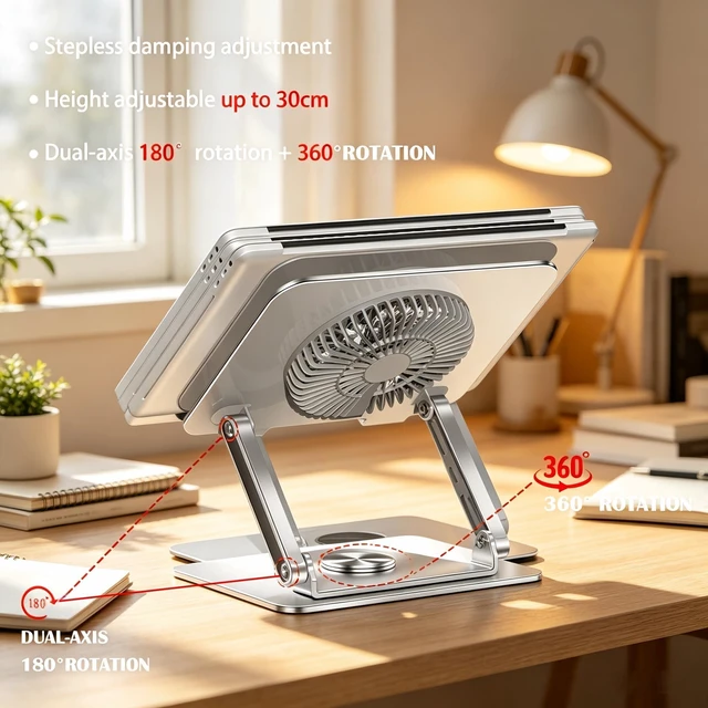 Alt view image 3 of 7 - 360° Rotating Adjustable Laptop Stand with Cooling Fan, Foldable Dual-Bar Support Height Tilt Angle Cooling Laptop Stand for Desk Pad Laptop Riser Heat Dissipation Stand Fit 10-17.3" Device