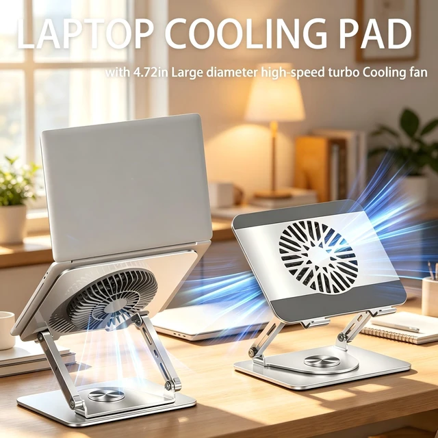 Alt view image 4 of 7 - 360° Rotating Adjustable Laptop Stand with Cooling Fan, Foldable Dual-Bar Support Height Tilt Angle Cooling Laptop Stand for Desk Pad Laptop Riser Heat Dissipation Stand Fit 10-17.3" Device