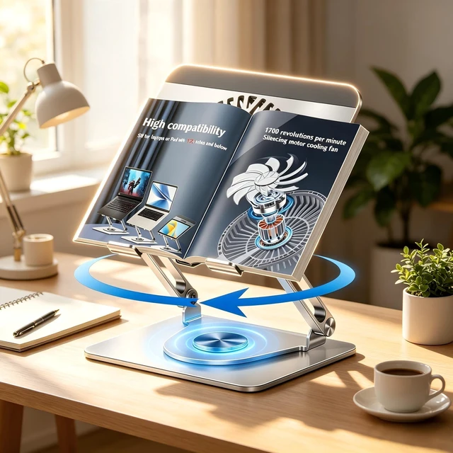 Alt view image 6 of 7 - 360° Rotating Adjustable Laptop Stand with Cooling Fan, Foldable Dual-Bar Support Height Tilt Angle Cooling Laptop Stand for Desk Pad Laptop Riser Heat Dissipation Stand Fit 10-17.3" Device