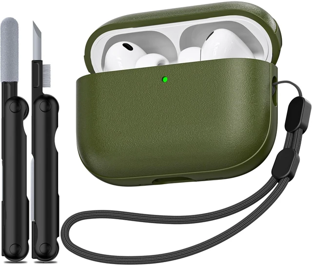 Main image of for AirPods Pro 3 Case 2025, (Leather Texture) Full-Body Protective Airpods Pro 3rd Generation Case with Lanyard & Cleaner Kit, Wireless Charging Support, Front LED Visible (Army Green)