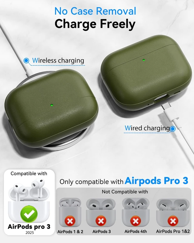Alt view image 2 of 7 - for AirPods Pro 3 Case 2025, (Leather Texture) Full-Body Protective Airpods Pro 3rd Generation Case with Lanyard & Cleaner Kit, Wireless Charging Support, Front LED Visible (Army Green)
