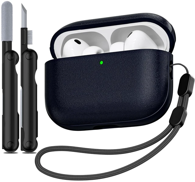 Main image of for AirPods Pro 3 Case 2025, (Leather Texture) Full-Body Protective Airpods Pro 3rd Generation Case with Lanyard & Cleaning Kit, Wireless Charging Support, Front LED Visible (Blue)