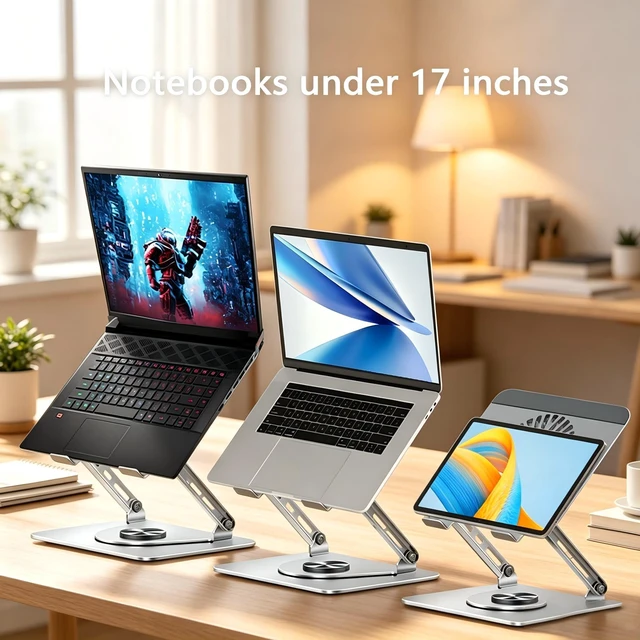 Alt view image 7 of 7 - 360° Rotating Adjustable Laptop Stand with Cooling Fan, Foldable Dual-Bar Support Height Tilt Angle Cooling Laptop Stand for Desk Pad Laptop Riser Heat Dissipation Stand Fit 10-17.3" Device
