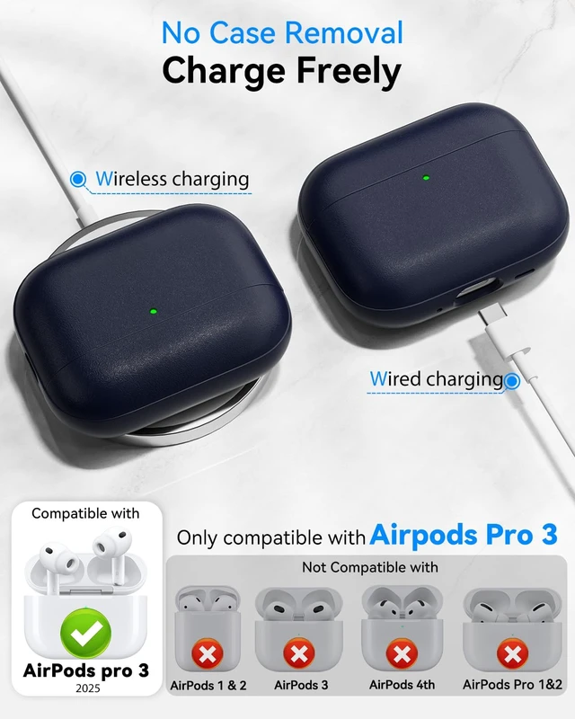 Alt view image 2 of 7 - for AirPods Pro 3 Case 2025, (Leather Texture) Full-Body Protective Airpods Pro 3rd Generation Case with Lanyard & Cleaning Kit, Wireless Charging Support, Front LED Visible (Blue)