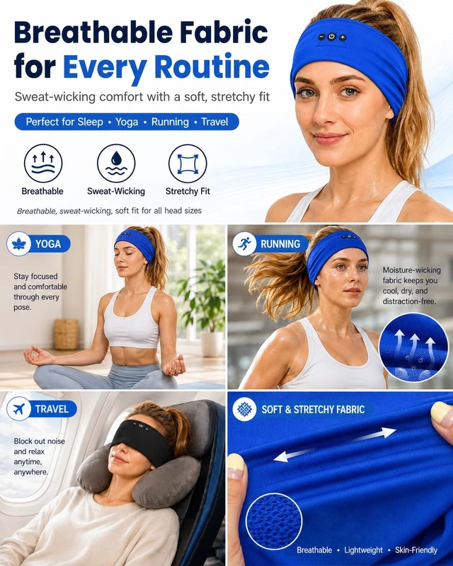 Alt view image 5 of 7 - Sleeping Headphones Bluetooth Headband 2-Pack USB-C Fast Charging, 14+ Hrs Battery, Ultra-Thin Speakers for Side Sleepers, Workout & Travel (Black & Blue)