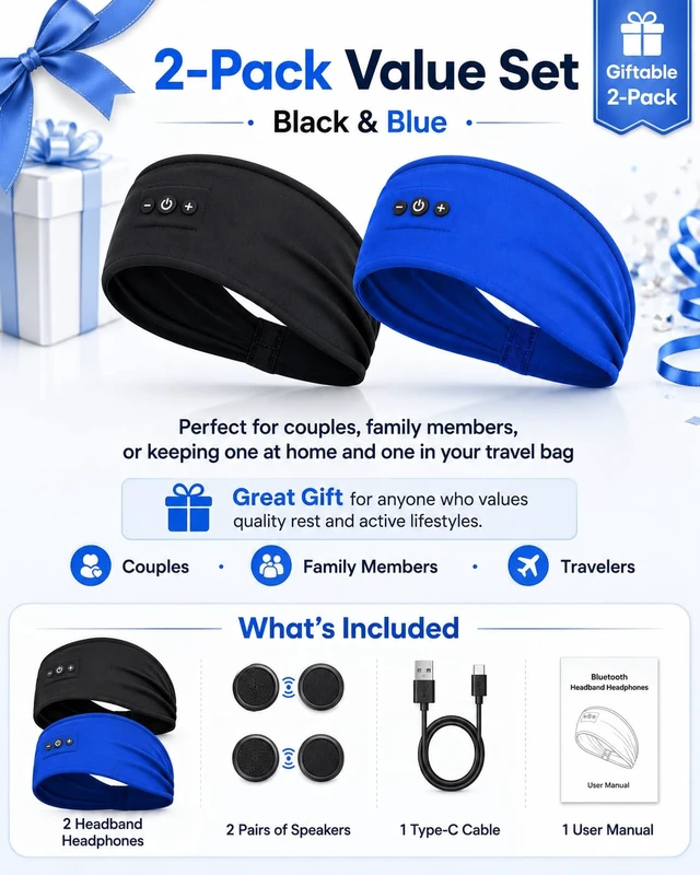Alt view image 6 of 7 - Sleeping Headphones Bluetooth Headband 2-Pack USB-C Fast Charging, 14+ Hrs Battery, Ultra-Thin Speakers for Side Sleepers, Workout & Travel (Black & Blue)