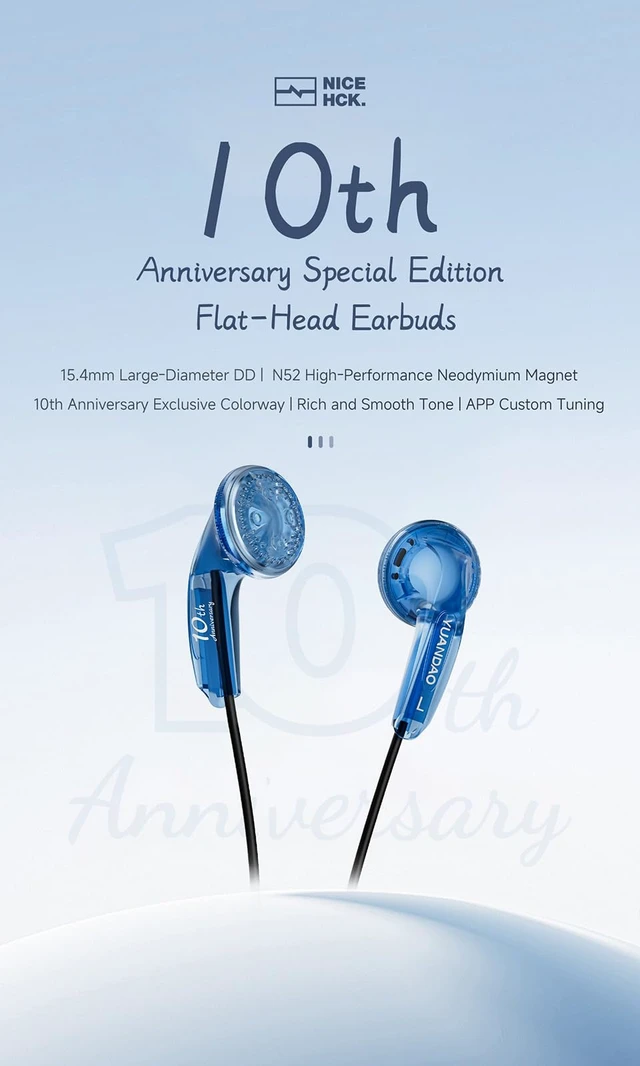 Alt view image 2 of 7 - 10th Anniv Flat Earbuds,15.4mm DD,3.5mm HiFi IEM Deep Blue No Mic 15.4mm N52 driver, balanced HiFi sound; inline mic for calls; transparent limited housing, universal 3.5mm jack