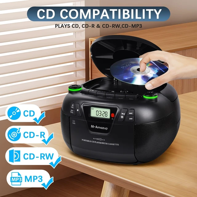 Alt view image 3 of 7 - Boombox CD Player Portable Cassette Player with CD MP3 Bluetooth AUX TF/USB AM/FM Radio AC/DC Powered with Remote Control, Headphone Jack, Stereo Sound for Home,Kids,Gift(Black)
