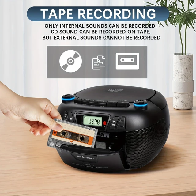 Alt view image 4 of 7 - Boombox CD Player Portable Cassette Player with CD MP3 Bluetooth AUX TF/USB AM/FM Radio AC/DC Powered with Remote Control, Headphone Jack, Stereo Sound for Home,Kids,Gift(Black)